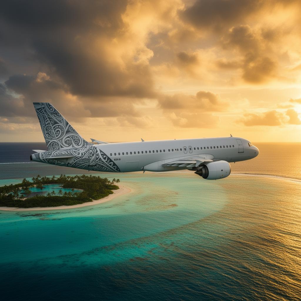 Avion aux motifs polynésiens survolant le lagon de Bora Bora au coucher du soleil