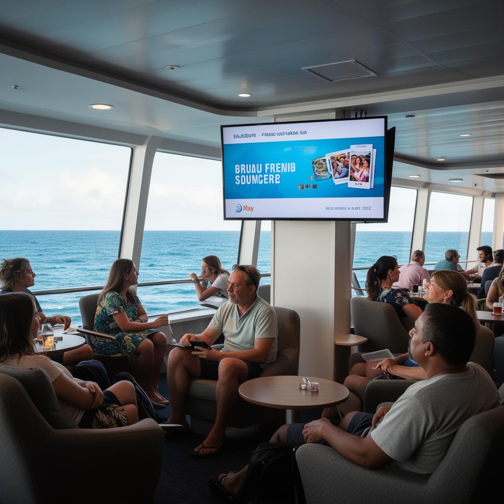 Écrans publicitaires à bord d'un ferry inter-îles en Polynésie